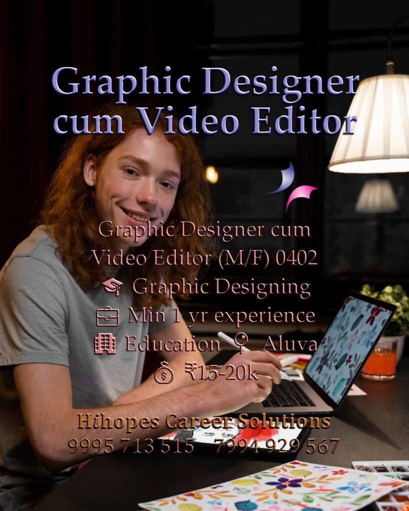Graphic Designer and Video Editor job vacancy at an educational firm in Aluva, Kochi. Requirements include 1 year experience and proficiency in graphic design tools. Salary range 15,000 to 20,000 rupees. Hiring male and female creative professionals in Ernakulam