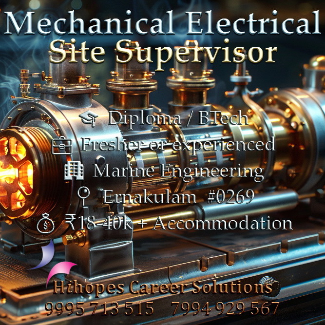 Electrical and Mechanical Site Supervisor job vacancy in Ernakulam by Hihopes Career Solutions. Marine Engineering industry role for male candidates with BTech or Diploma in Electrical or Mechanical engineering. Salary 18,000 to 40,000 rupees with free accommodation. Hiring freshers and experienced engineers in Kochi