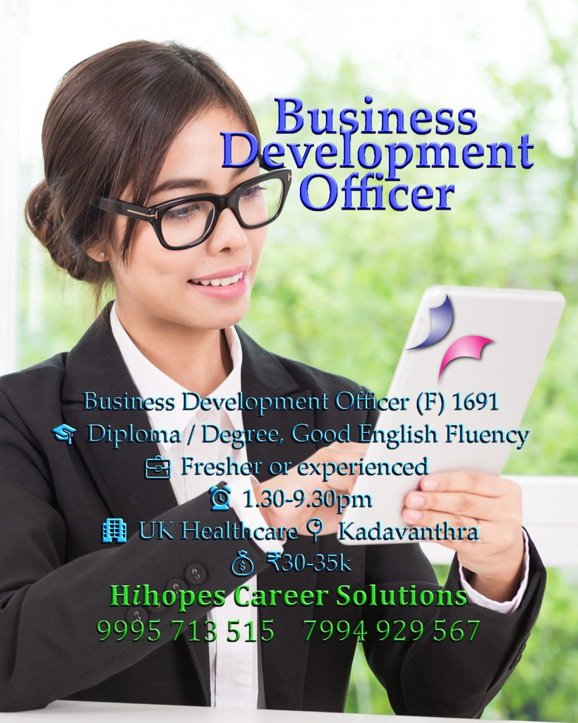 Job vacancy for Female Business Development Officer in Kadavanthra Kochi - Diploma / Degree with good English fluency, Fresher or experienced, UK Healthcare company, Shift 1:30 PM - 9:30 PM, Salary ₹30,000 to ₹35,000, Hihopes Career Solutions recruitment