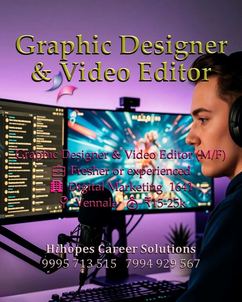 Job vacancy for Graphic Designer & Video Editor (Male/Female) in Vennala Kochi - Graphic Designing and Video Editing skills, Fresher or experienced, Digital Marketing company, Salary ₹15,000 to ₹25,000, Hihopes Career Solutions recruitment